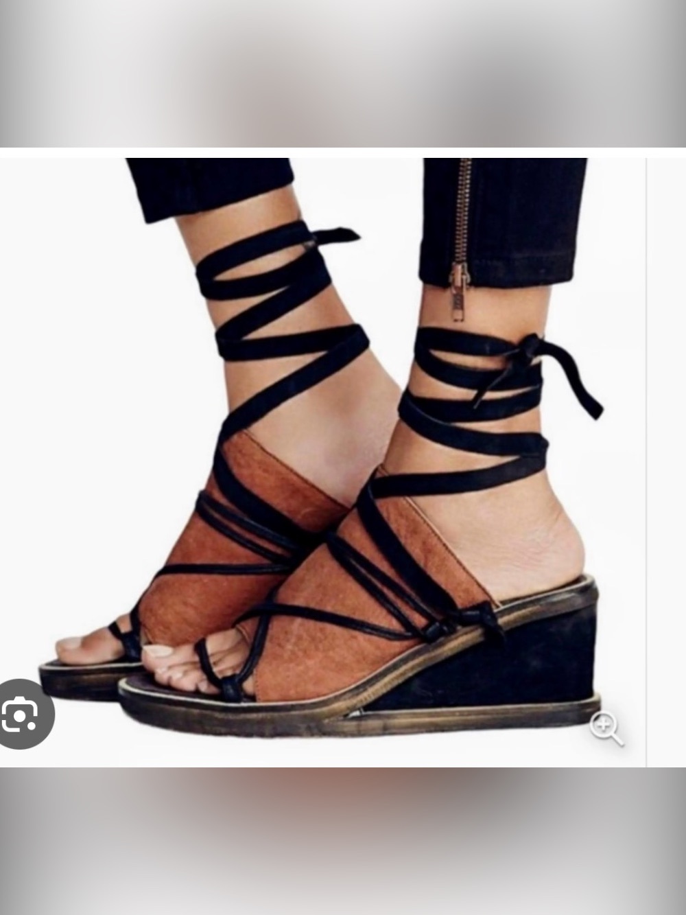 Free People Women’s Brown Wedge Sandals with Black Wrap Straps